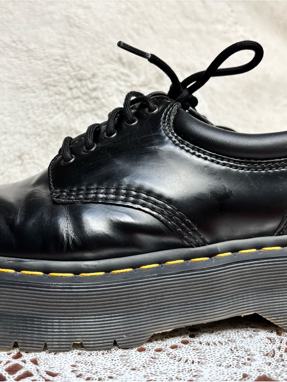 Dr. Martens Black Platform Lace-Up Oxford with Yellow Stitch